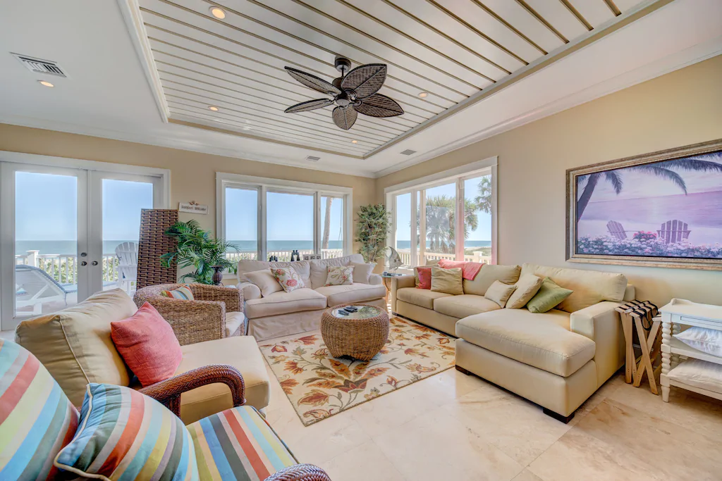 The living room includes sofa and futon