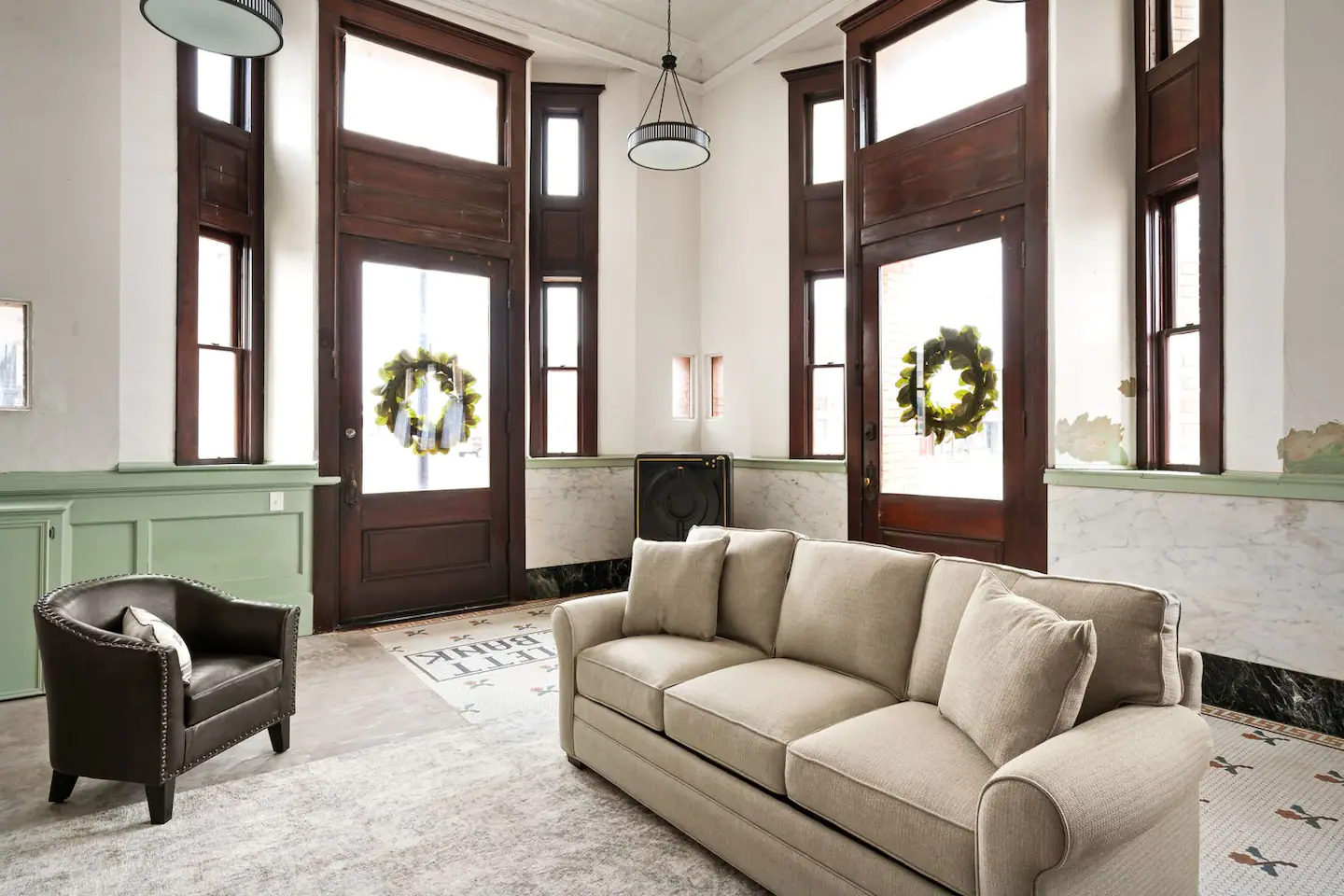 The bank lobby was transformed into a living room
