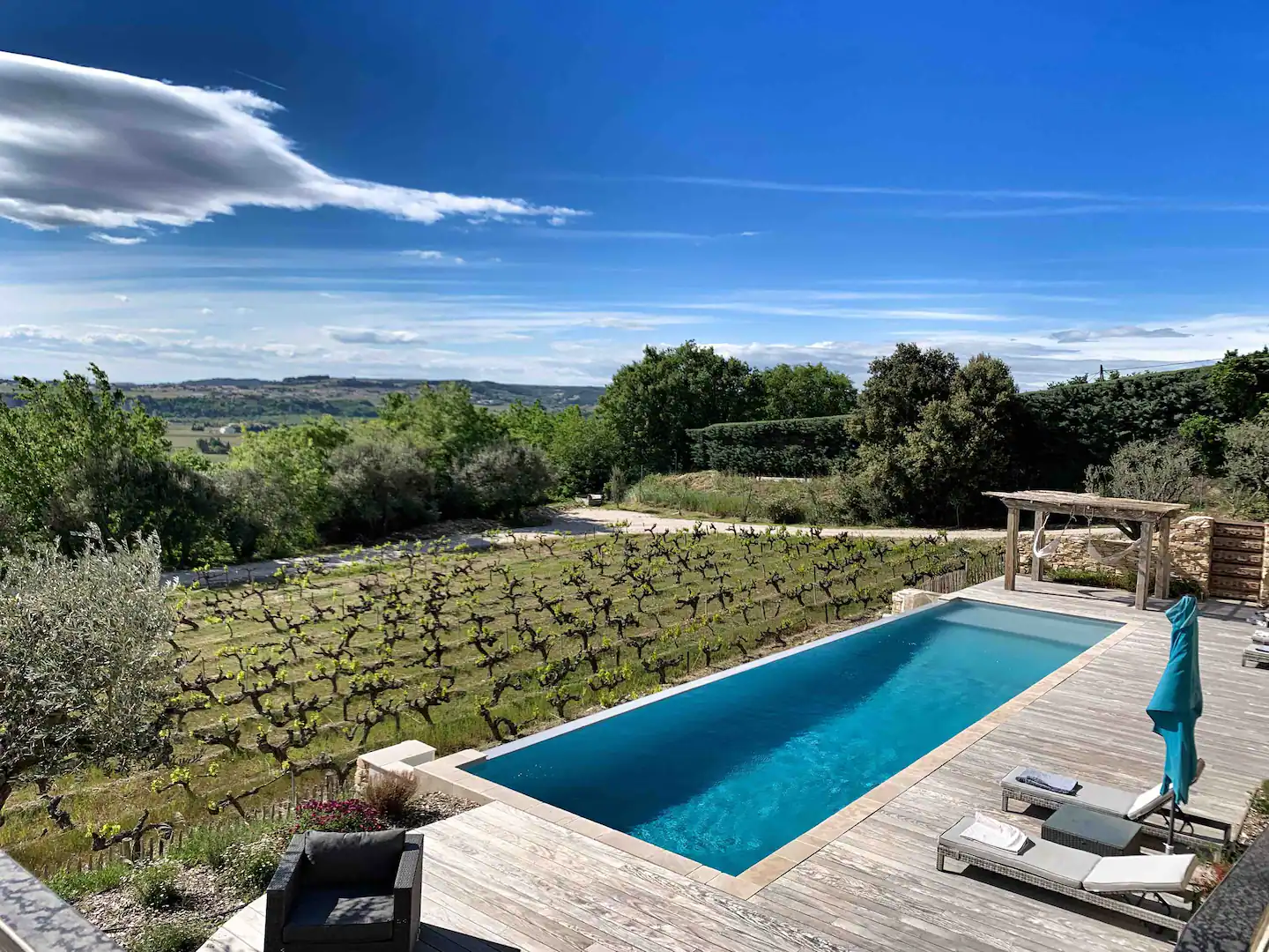 Private swimming pool with access to a beautiful view outside