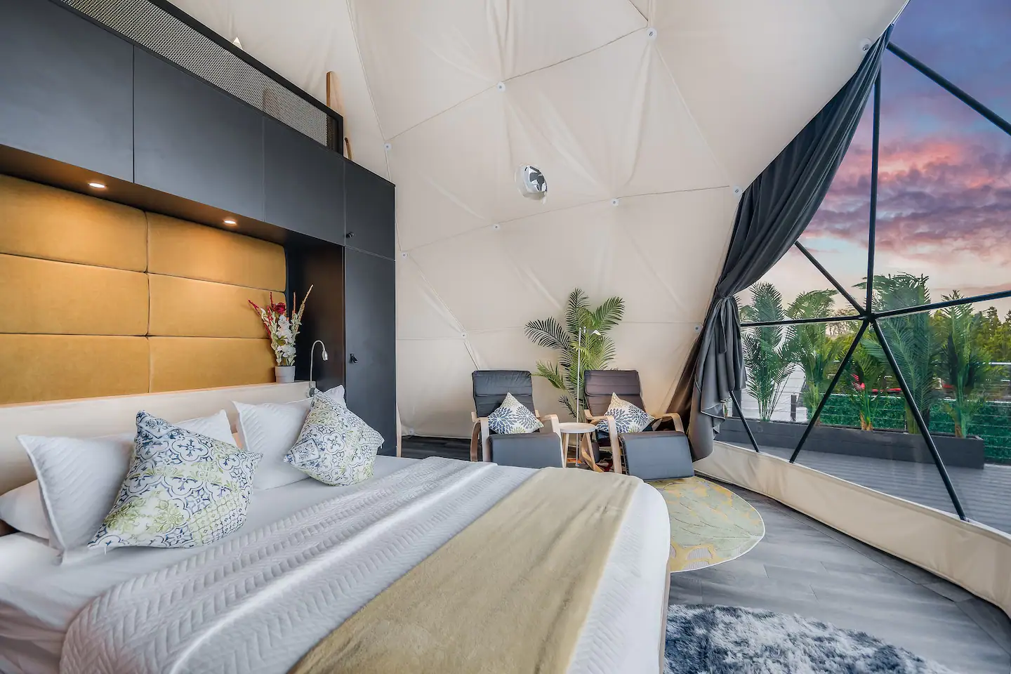 The main floor is unusually outfitted with a "floating" queen-size bed.