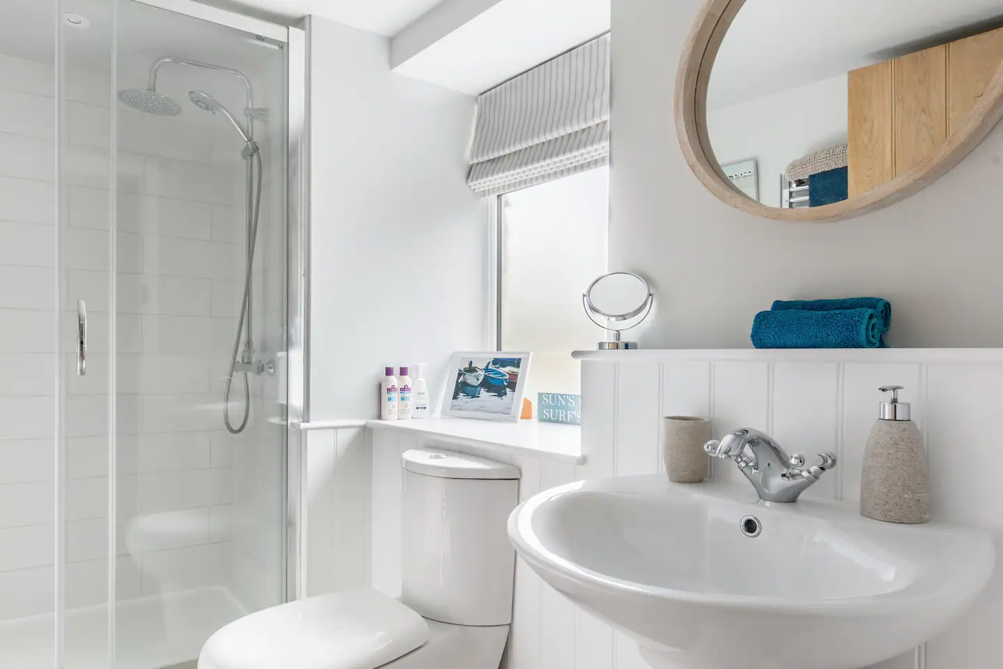 Got a bathroom with a walk-in shower.