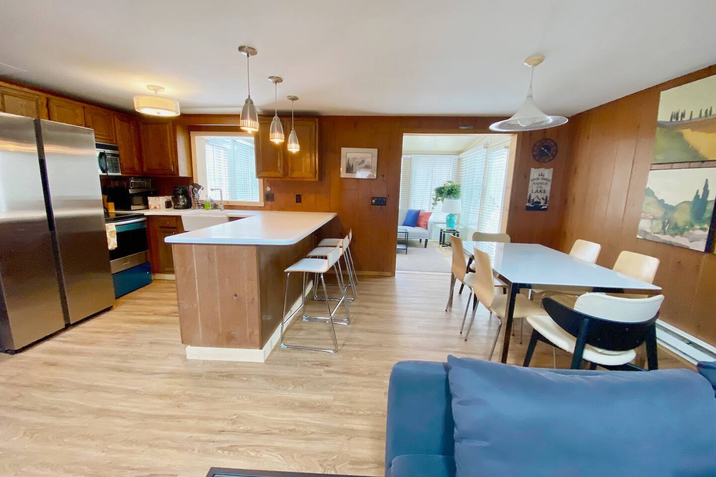 A combined dining and kitchen area