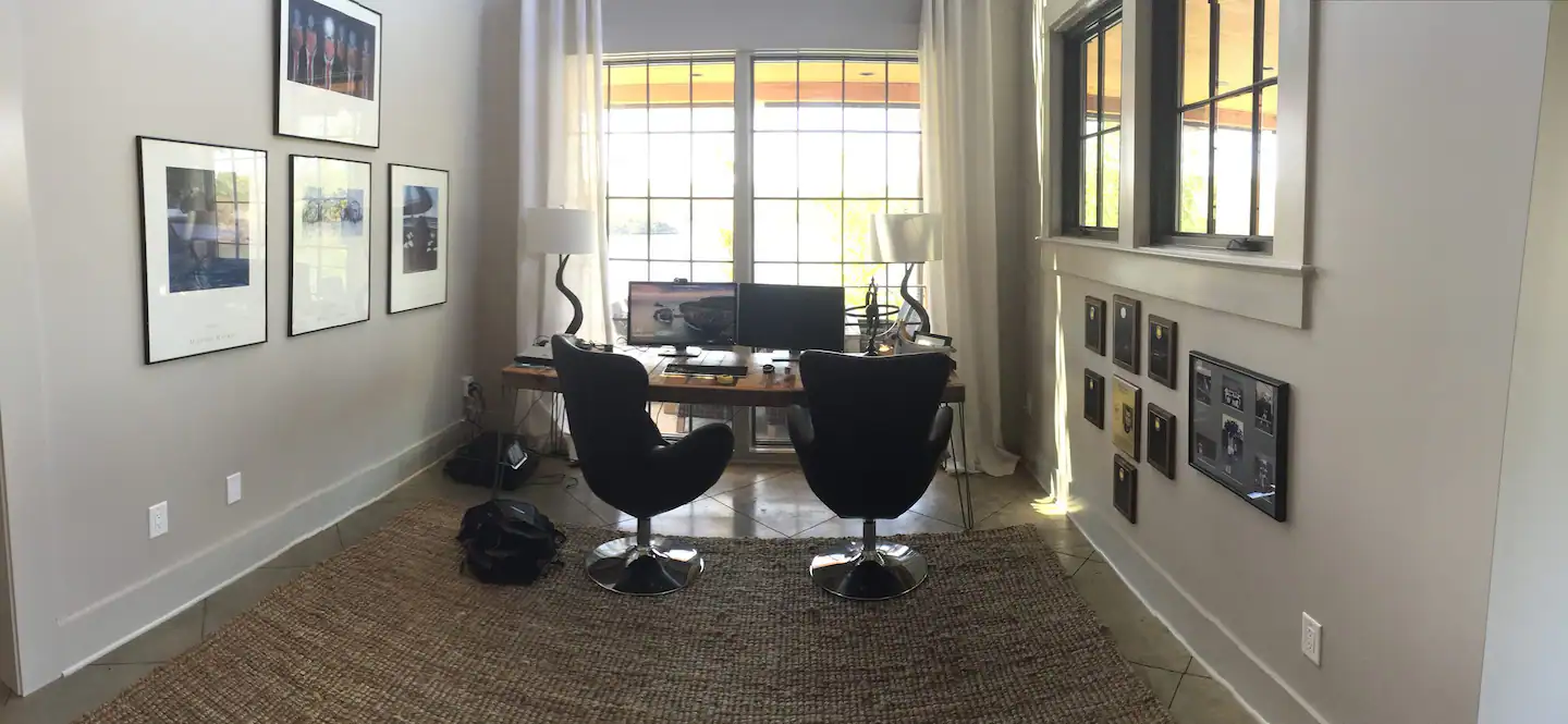 Office area with high-speed internet and surround sound Sonos system.